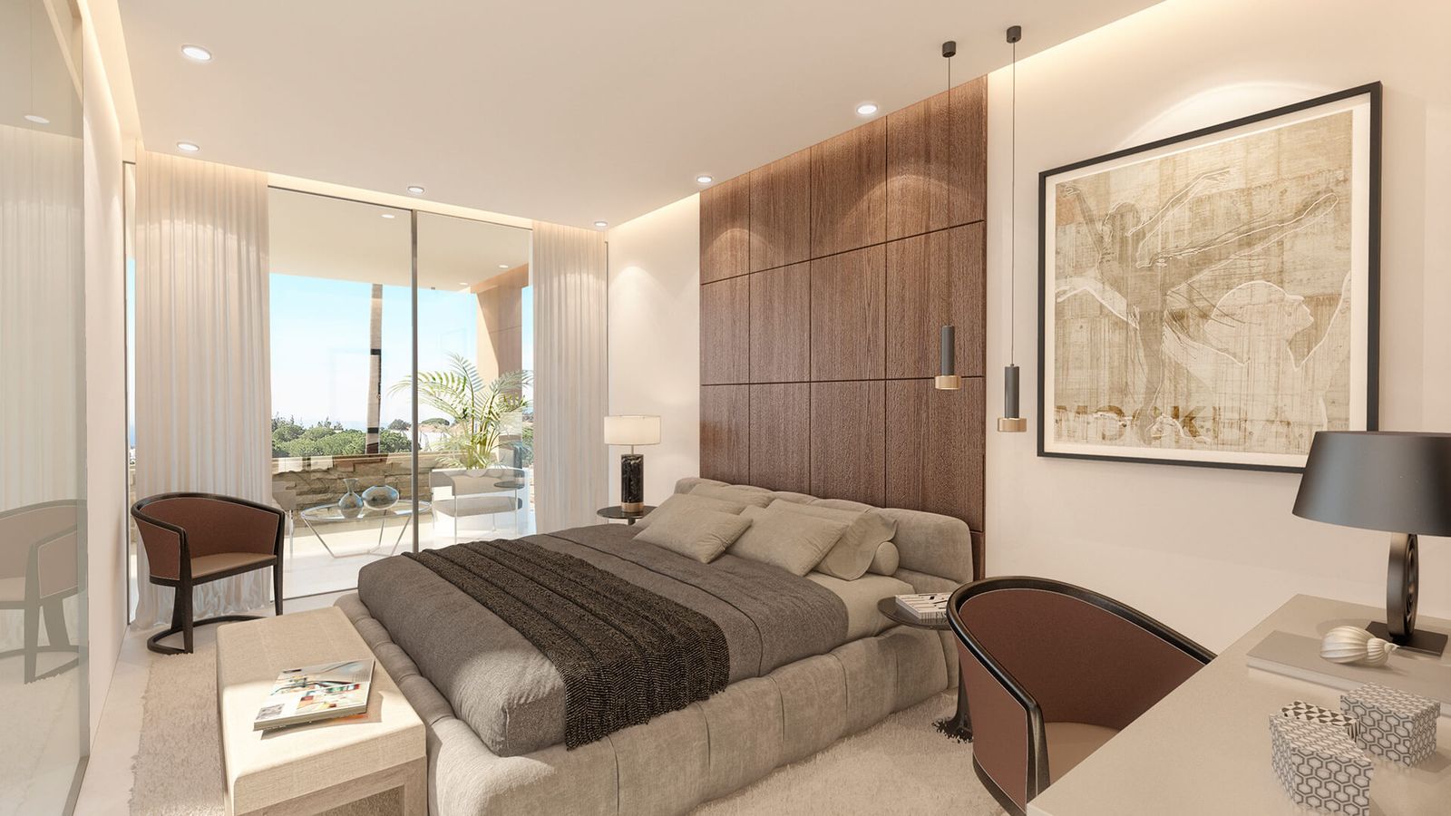 Moderne slaapkamer met een prachtig balkon en uitzicht bij El Duende.