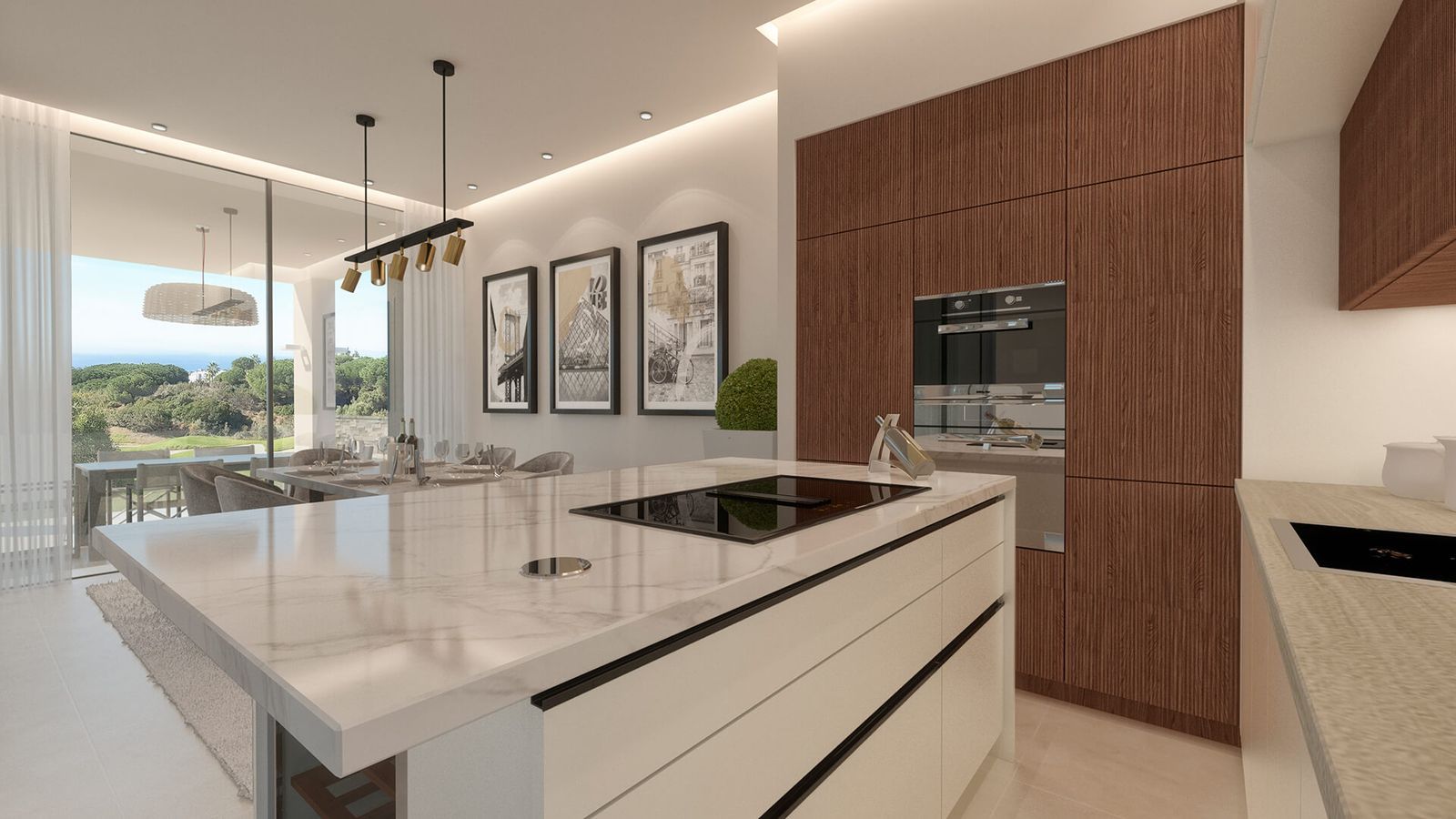 Moderne keuken en eetkamer met uitzicht op de zee bij El Duende.